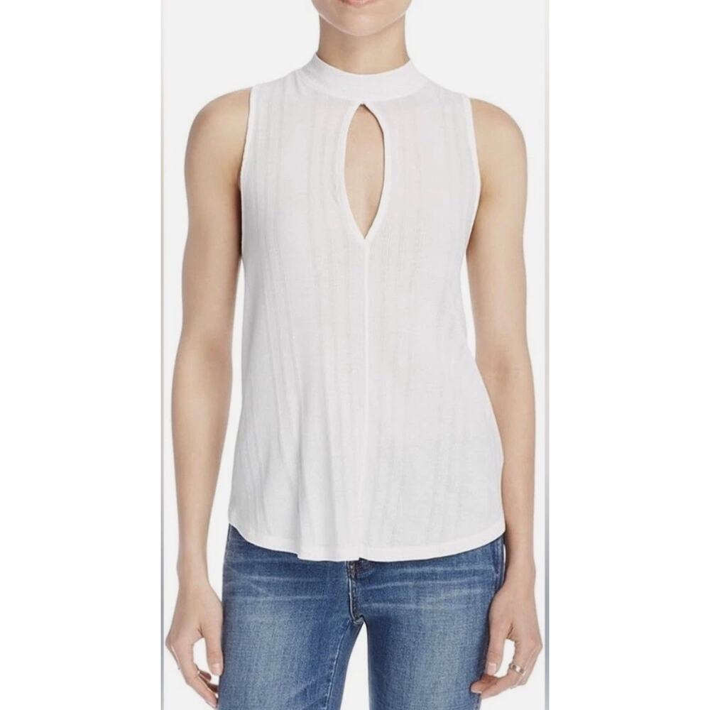 Free People Womens L White Faye Ribbed Sleeveless Tank Top Keyhole Cutout Casual
